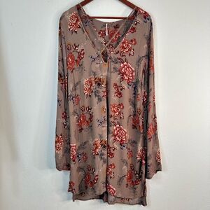 Free People Mocha Floral Tunic Mini Dress Swingy Floral Women Large Bell Sleeves